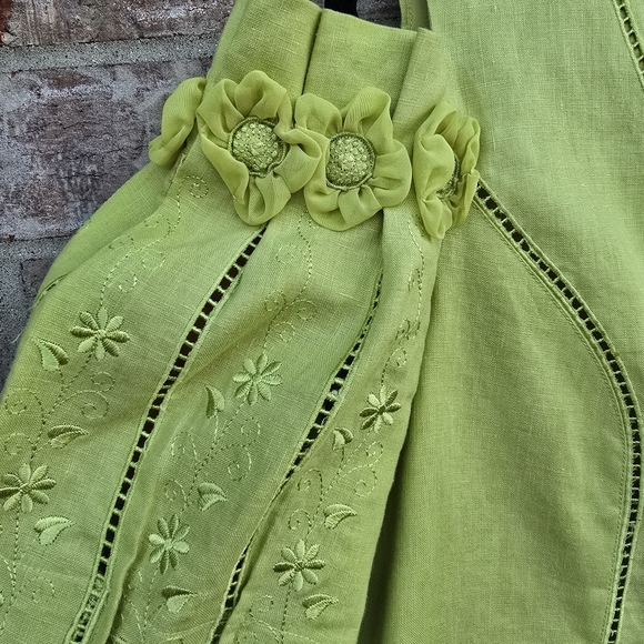 JSong Collection Linen Citron Womens Shirt Embroidered Floral Cold Shoulder S 12 - Picture 11 of 13